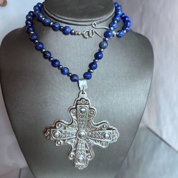 Maltese Cross Sterling Silver 30" Lapis Lazuli Necklace 925 Tahitian Pearls - Picture 7 of 9
